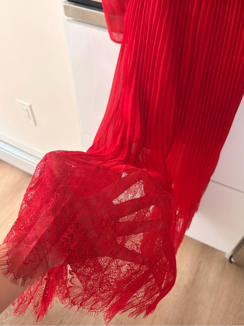 Self-Portrait Red Pleated & Ruched Long Sleeve Midi Dress - Picture 2 of 4